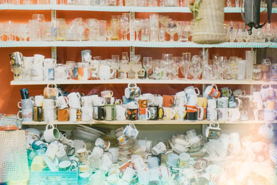 Assorted glassware and ceramic mugs organized on store shelves, showcasing variety and abundance.